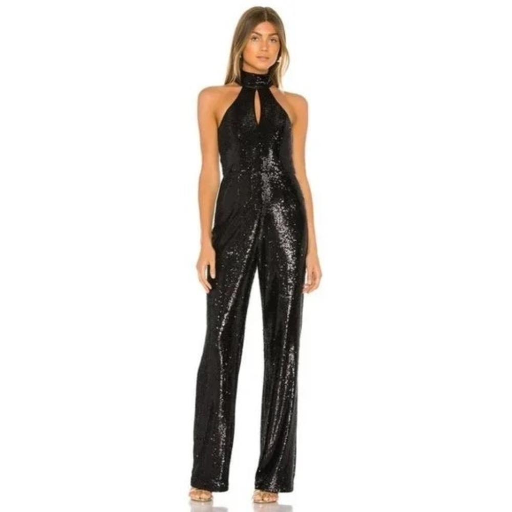 CINQ A SEPT Shelby Black Sequin Jumpsuit‎ Halter Neck Party Cocktail Size 4